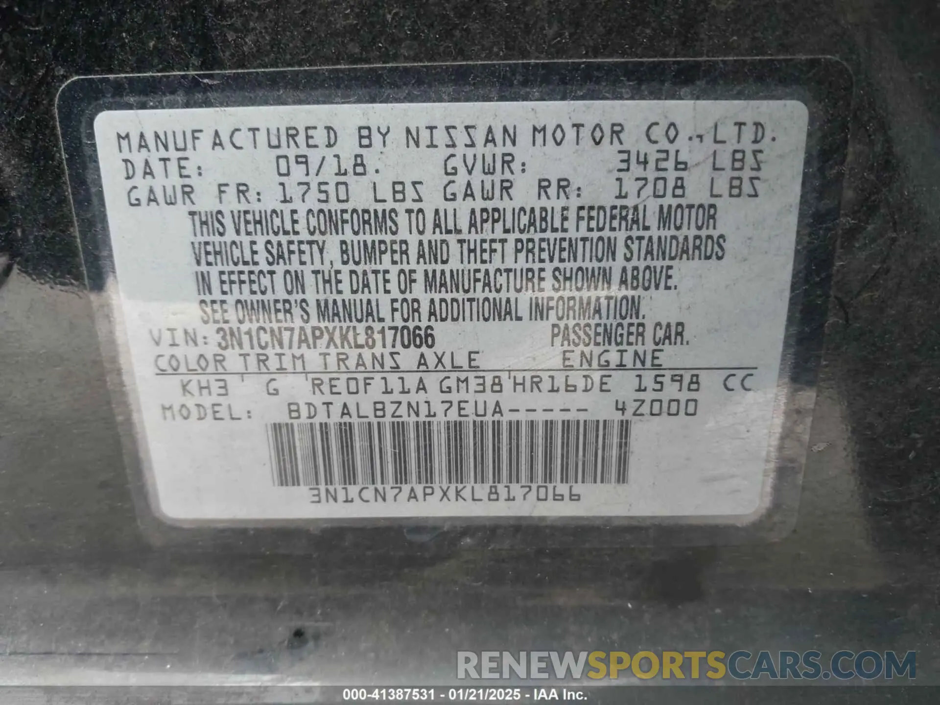9 fotografías del automóvil dañado 3N1CN7APXKL817066 NISSAN VERSA 2019