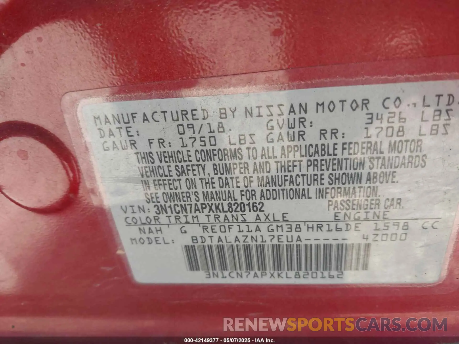 9 fotografías del automóvil dañado 3N1CN7APXKL820162 NISSAN VERSA 2019