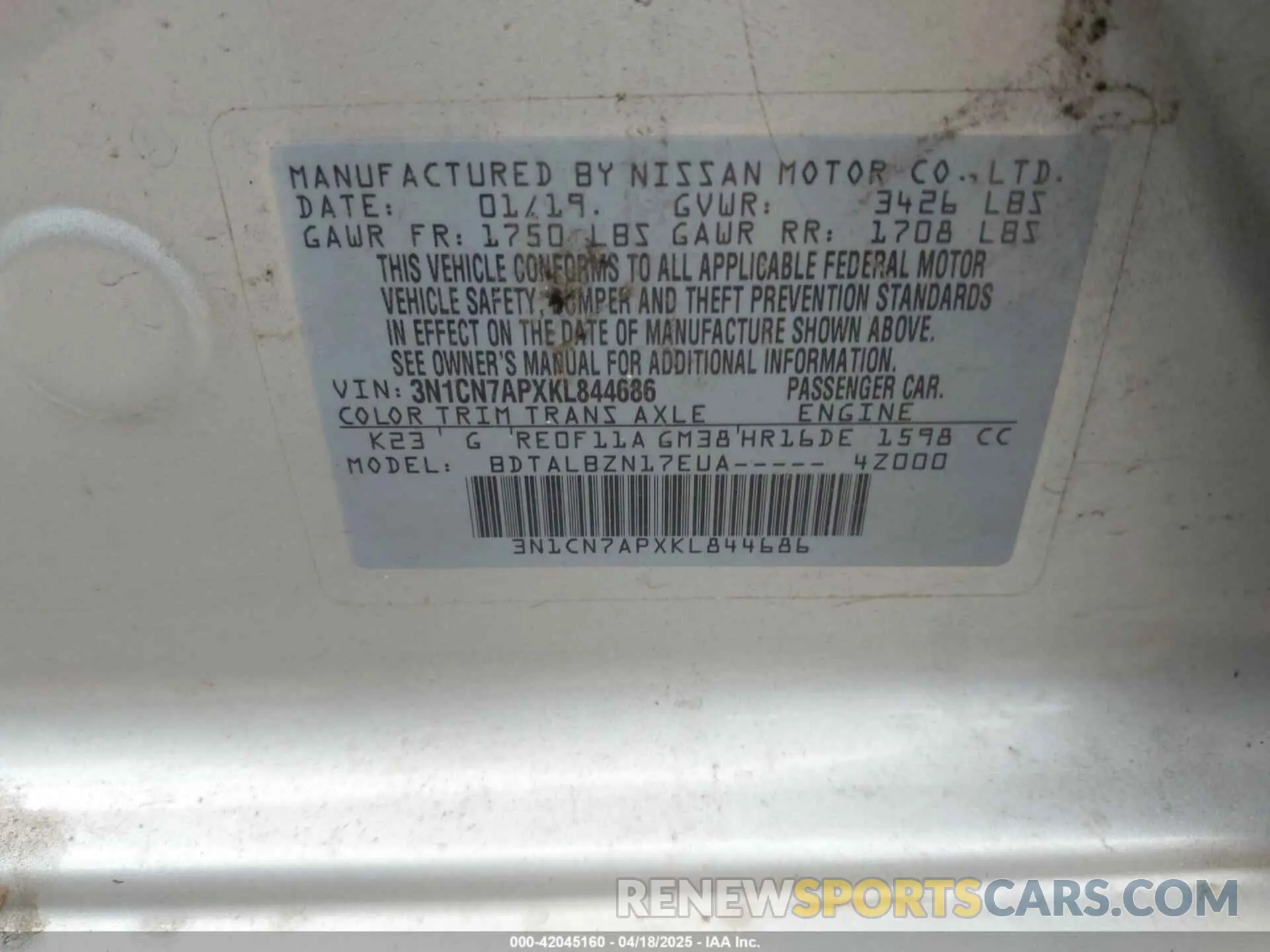 9 fotografías del automóvil dañado 3N1CN7APXKL844686 NISSAN VERSA 2019