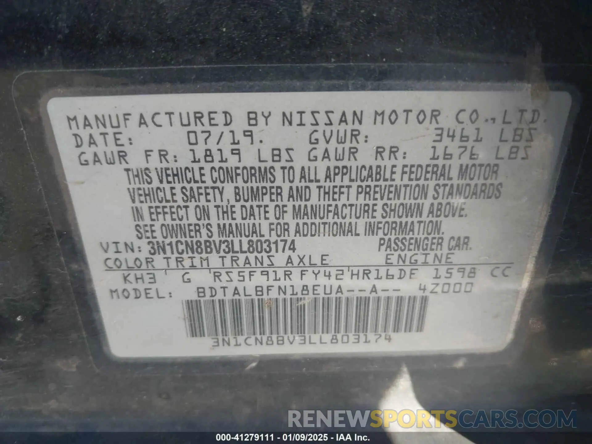 9 fotografías del automóvil dañado 3N1CN8BV3LL803174 NISSAN VERSA 2020