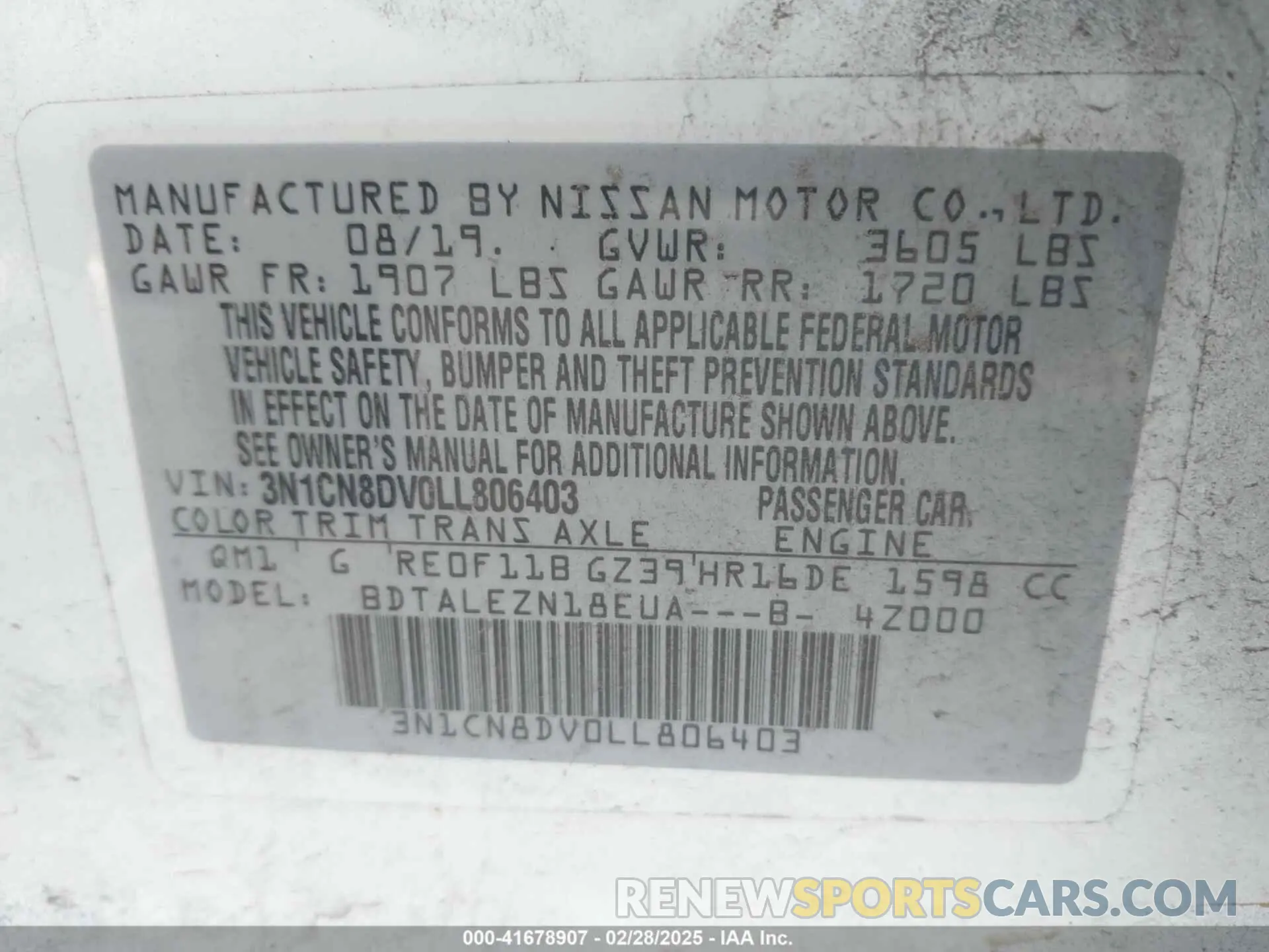 9 fotografías del automóvil dañado 3N1CN8DV0LL806403 NISSAN VERSA 2020