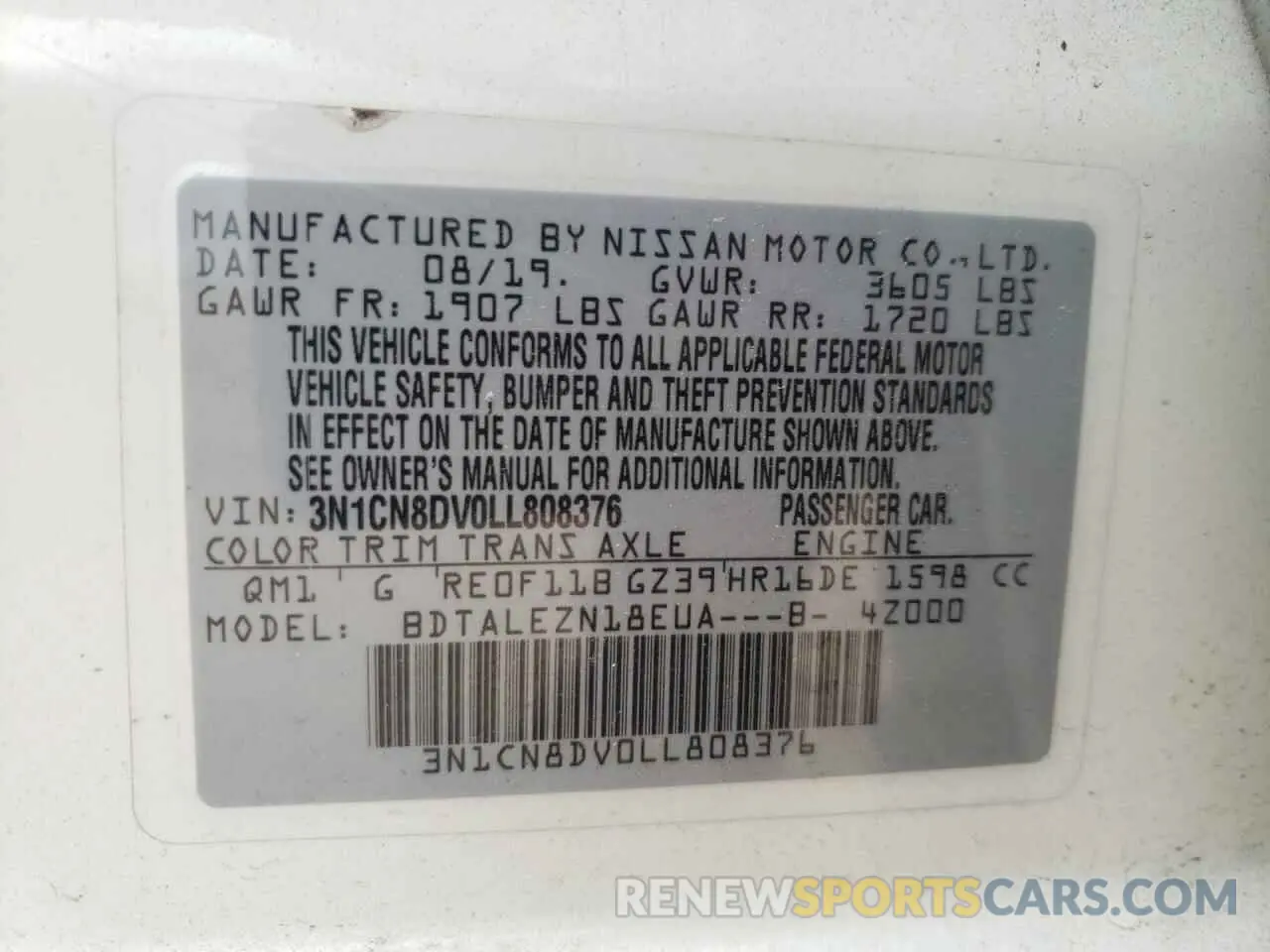12 fotografías del automóvil dañado 3N1CN8DV0LL808376 NISSAN VERSA 2020
