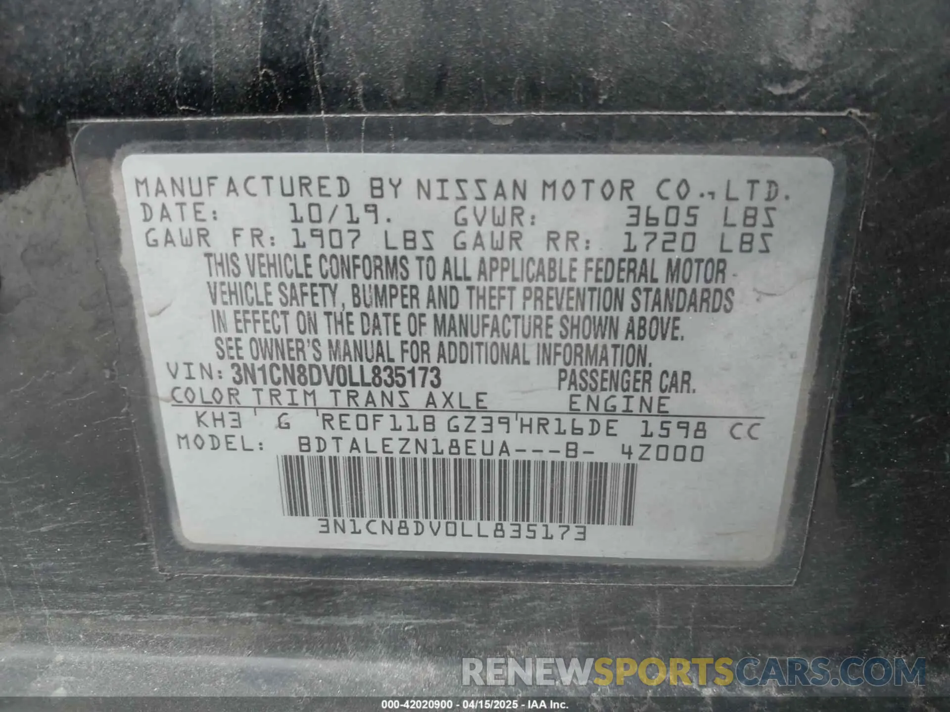 9 fotografías del automóvil dañado 3N1CN8DV0LL835173 NISSAN VERSA 2020