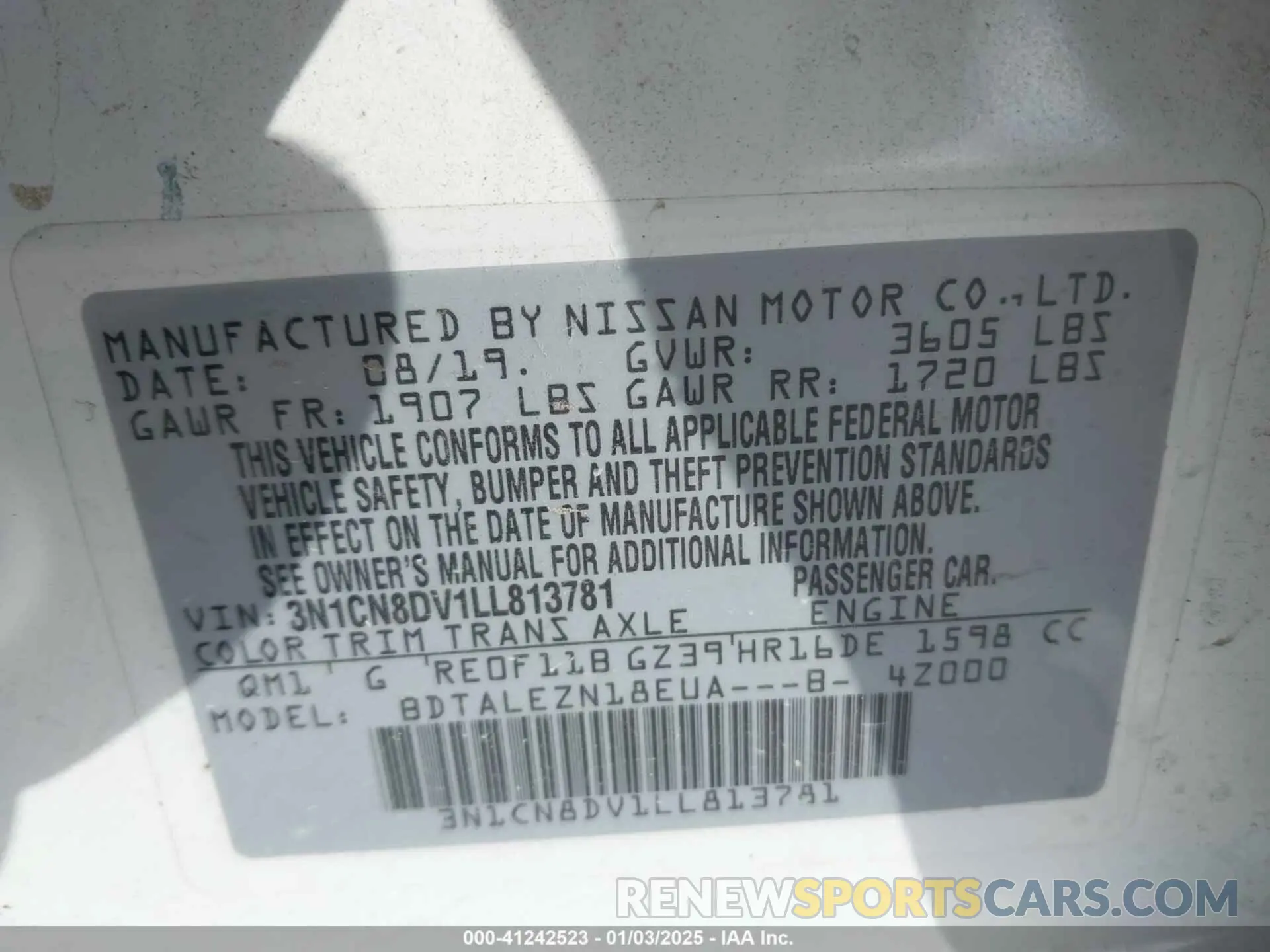 9 fotografías del automóvil dañado 3N1CN8DV1LL813781 NISSAN VERSA 2020