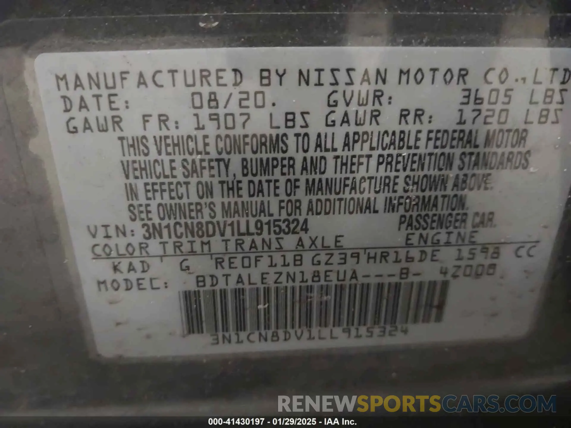 9 fotografías del automóvil dañado 3N1CN8DV1LL915324 NISSAN VERSA 2020