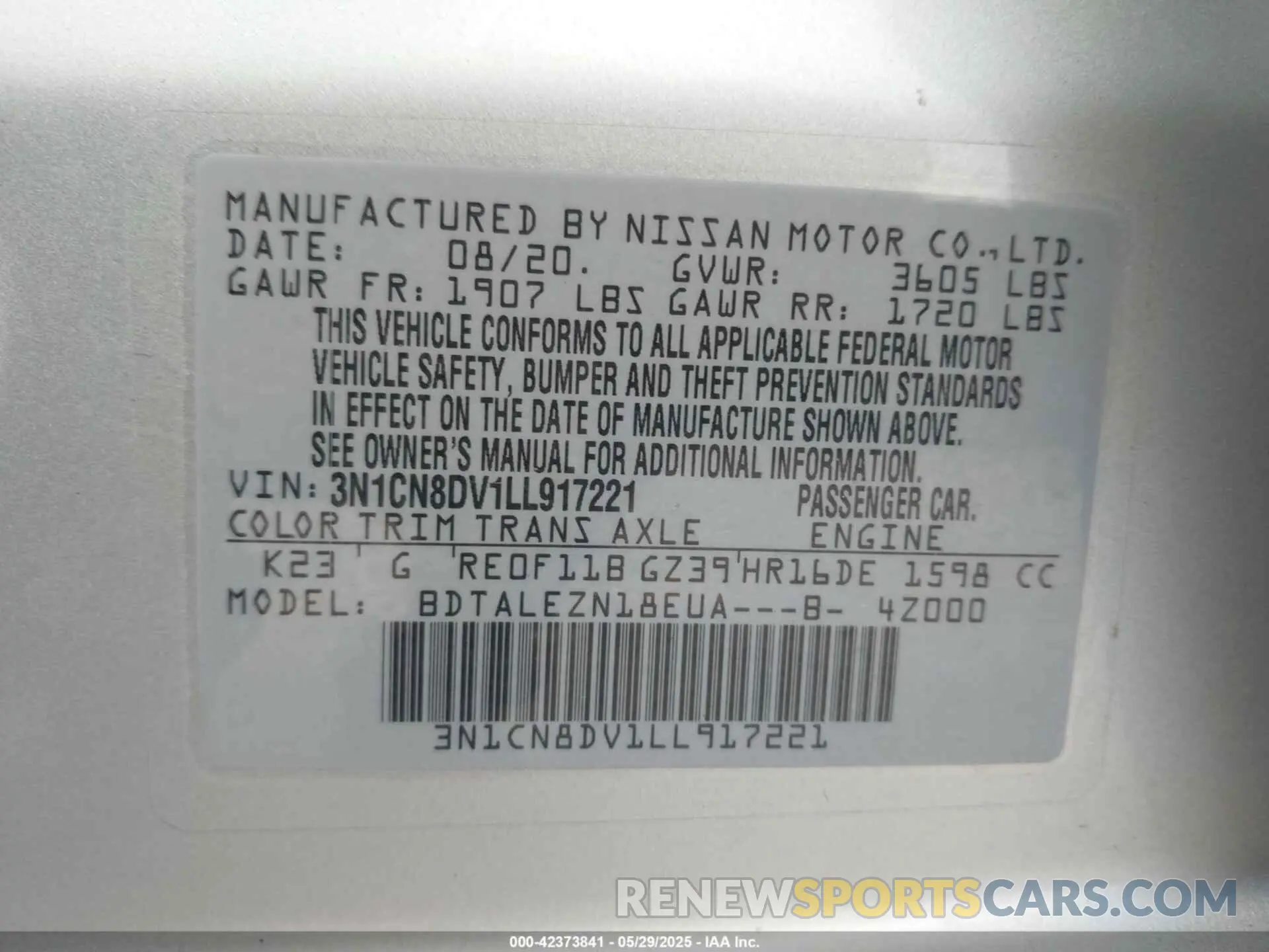 9 fotografías del automóvil dañado 3N1CN8DV1LL917221 NISSAN VERSA 2020