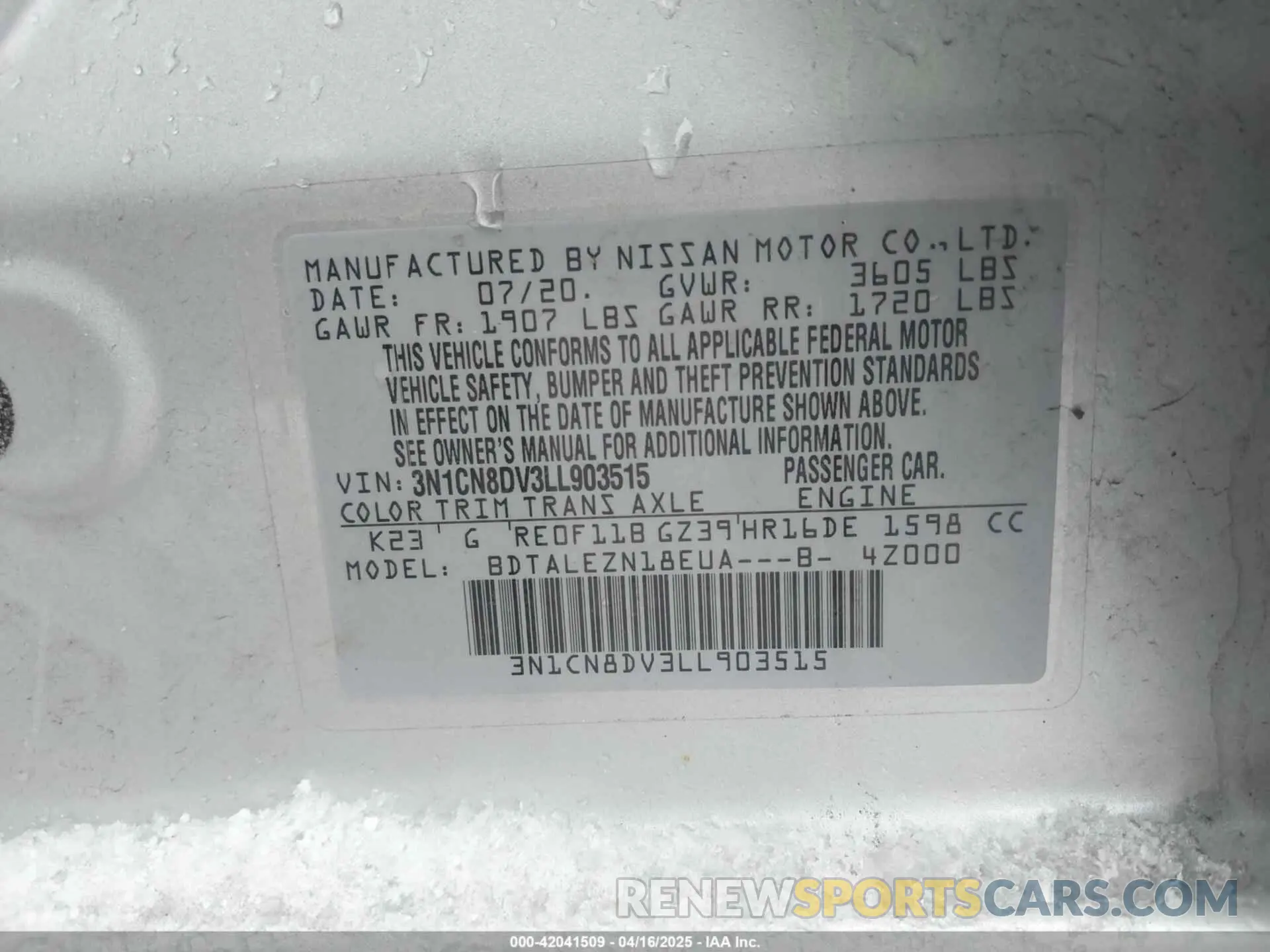 9 fotografías del automóvil dañado 3N1CN8DV3LL903515 NISSAN VERSA 2020