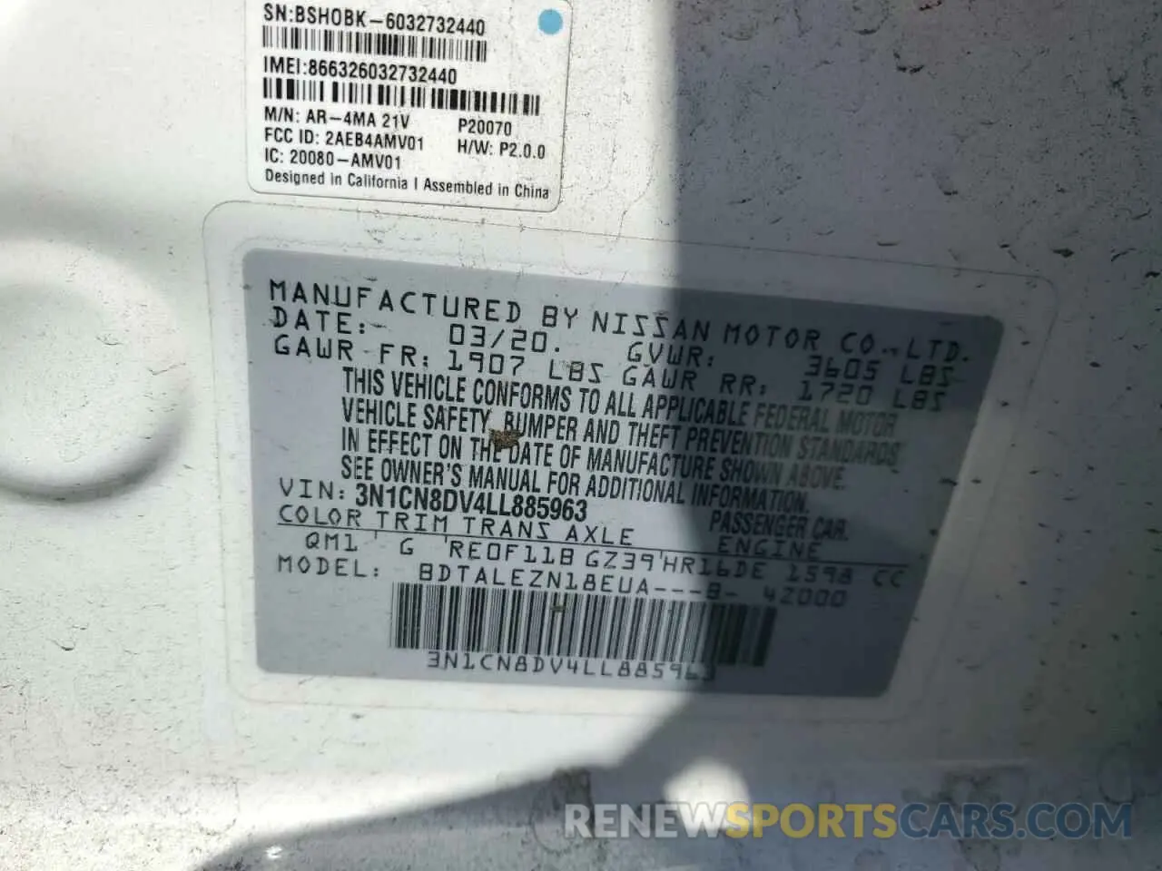 13 fotografías del automóvil dañado 3N1CN8DV4LL885963 NISSAN VERSA 2020