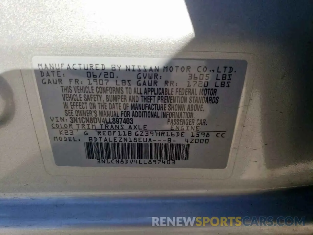 15 fotografías del automóvil dañado 3N1CN8DV4LL897403 NISSAN VERSA 2020