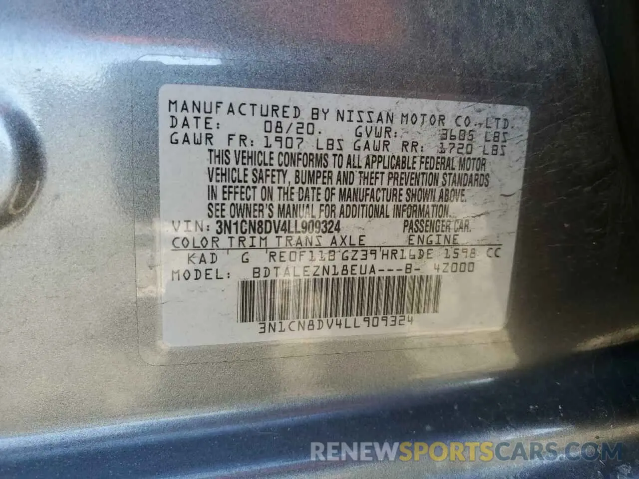 12 fotografías del automóvil dañado 3N1CN8DV4LL909324 NISSAN VERSA 2020