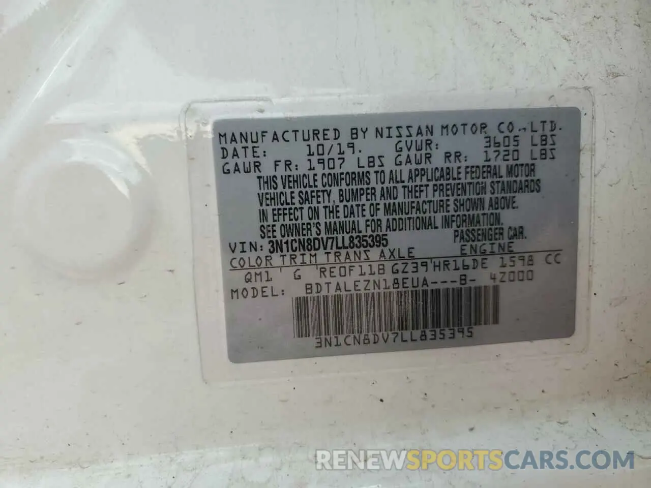 12 fotografías del automóvil dañado 3N1CN8DV7LL835395 NISSAN VERSA 2020