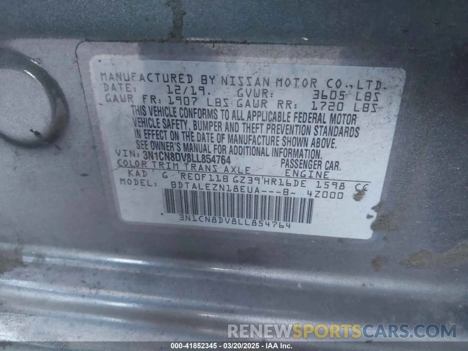 9 fotografías del automóvil dañado 3N1CN8DV8LL854764 NISSAN VERSA 2020