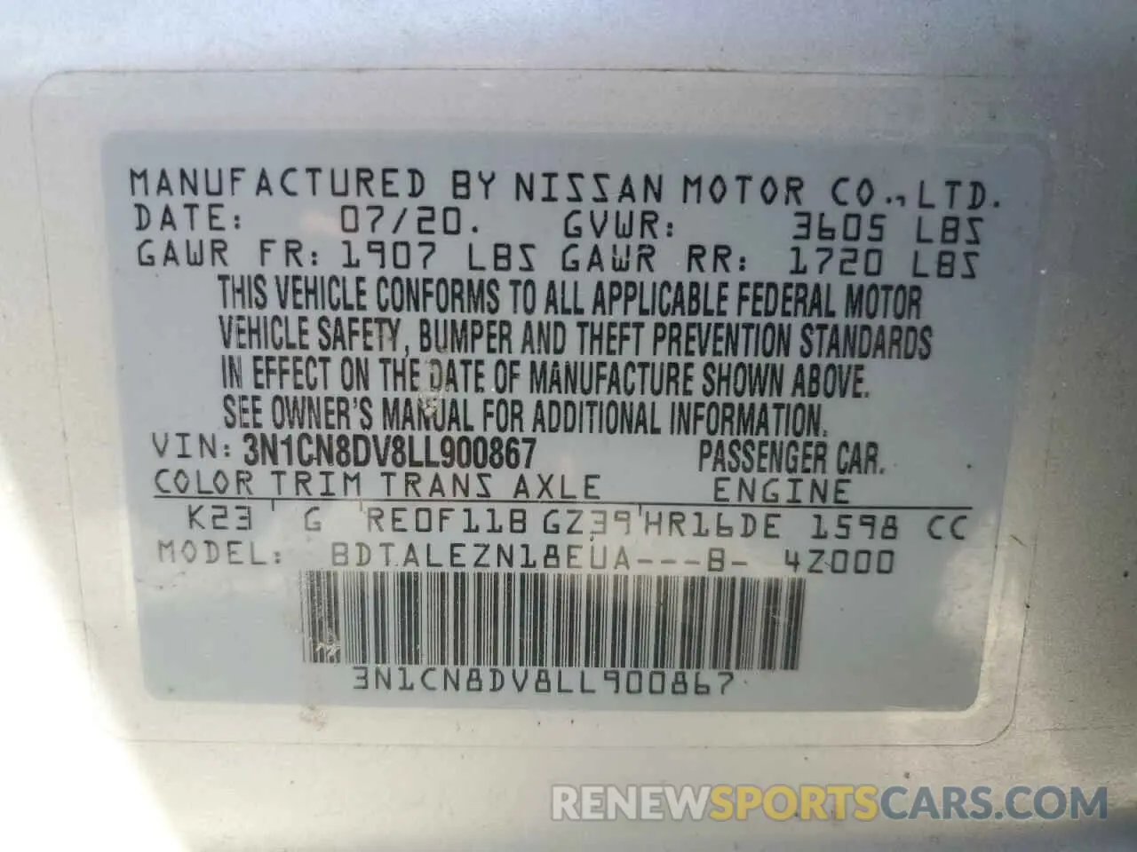 12 fotografías del automóvil dañado 3N1CN8DV8LL900867 NISSAN VERSA 2020