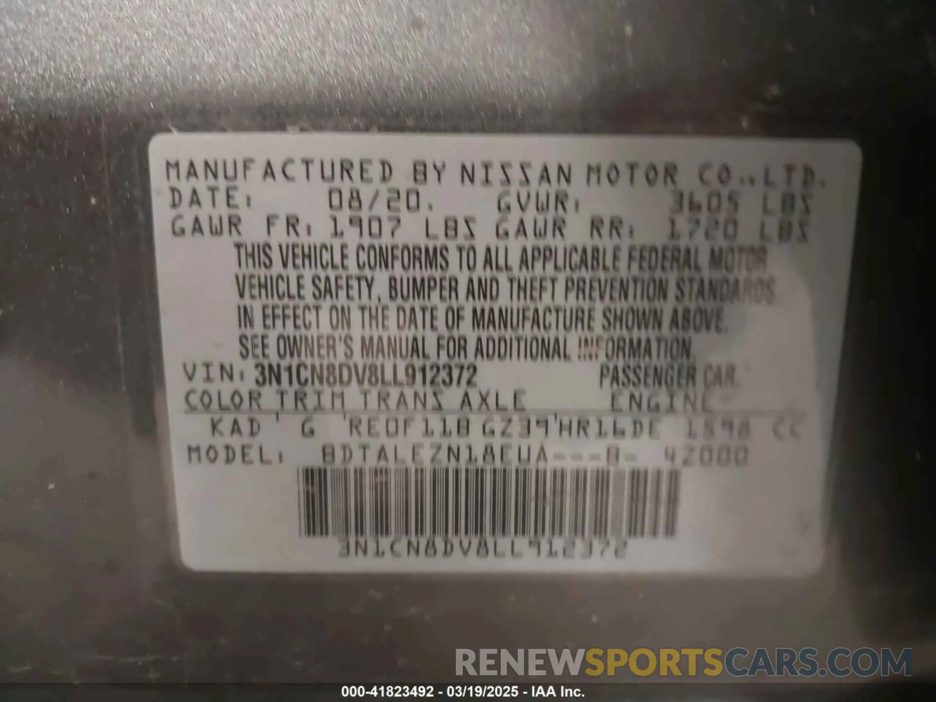 9 fotografías del automóvil dañado 3N1CN8DV8LL912372 NISSAN VERSA 2020