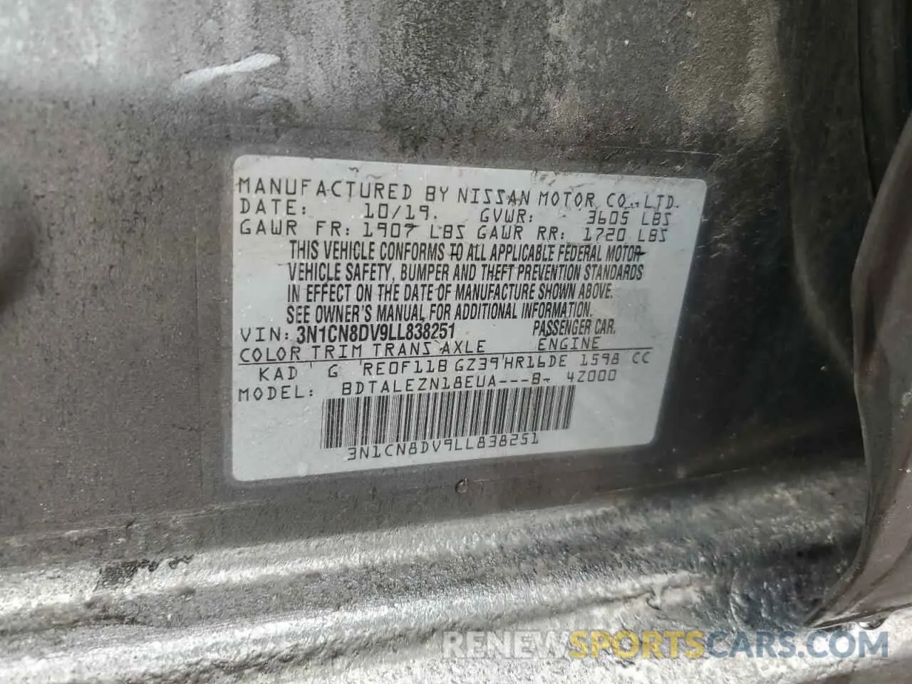 12 fotografías del automóvil dañado 3N1CN8DV9LL838251 NISSAN VERSA 2020