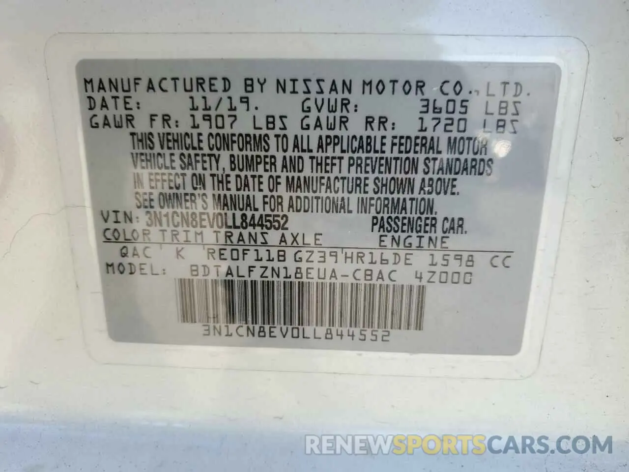 12 fotografías del automóvil dañado 3N1CN8EV0LL844552 NISSAN VERSA 2020