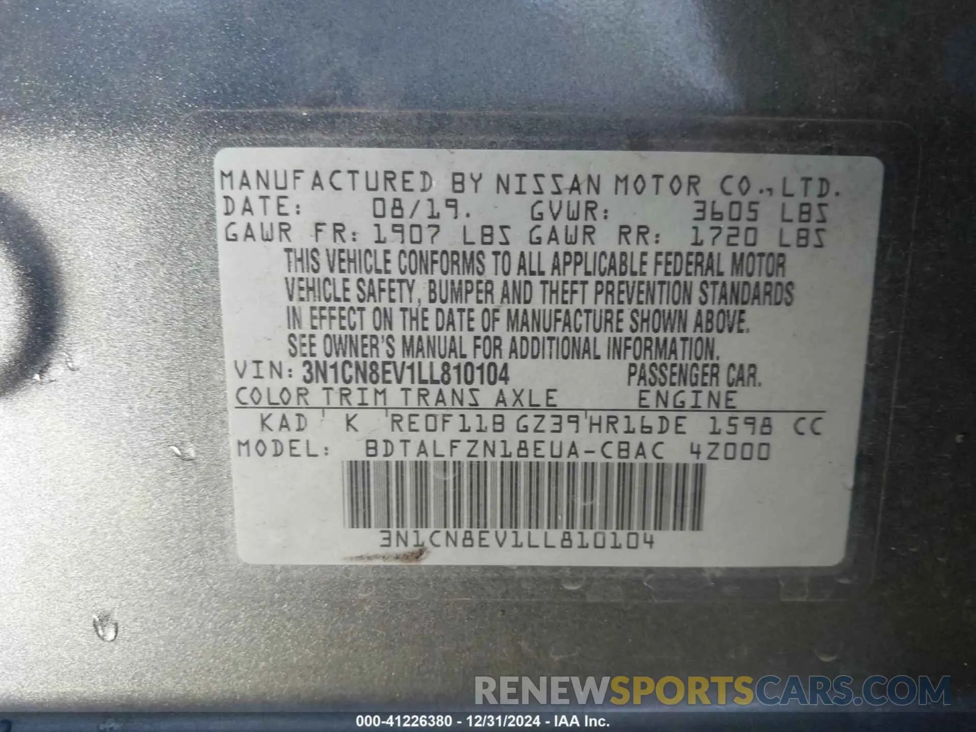 9 fotografías del automóvil dañado 3N1CN8EV1LL810104 NISSAN VERSA 2020