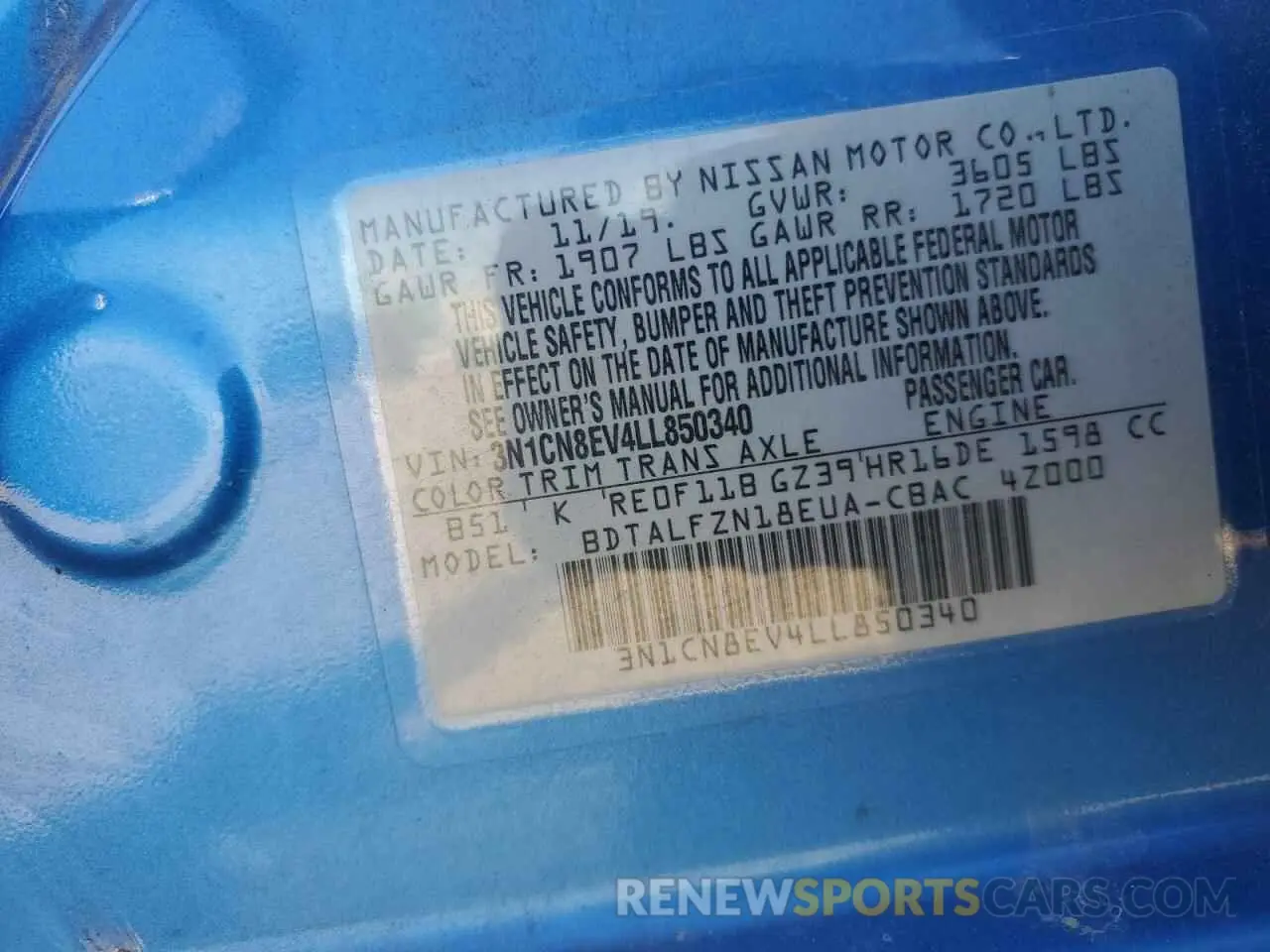 12 fotografías del automóvil dañado 3N1CN8EV4LL850340 NISSAN VERSA 2020