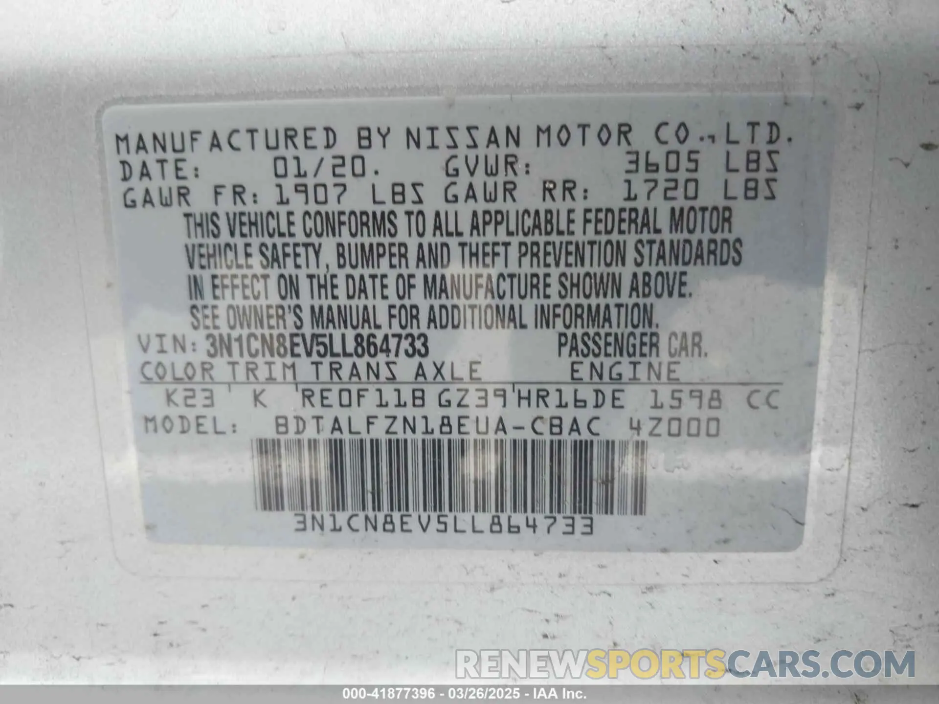 9 fotografías del automóvil dañado 3N1CN8EV5LL864733 NISSAN VERSA 2020