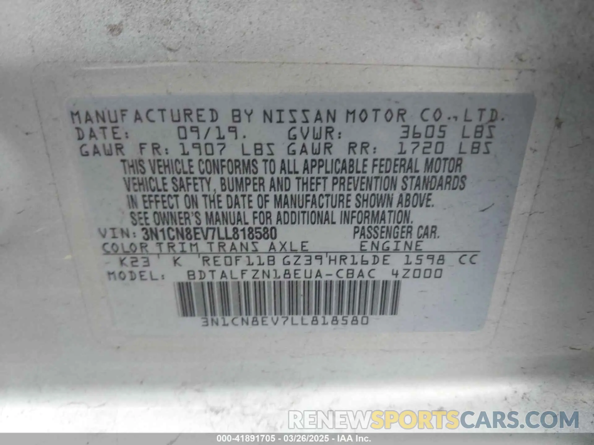 9 fotografías del automóvil dañado 3N1CN8EV7LL818580 NISSAN VERSA 2020