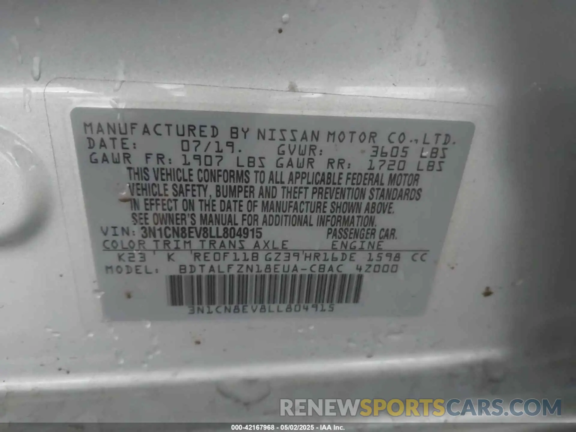 9 fotografías del automóvil dañado 3N1CN8EV8LL804915 NISSAN VERSA 2020