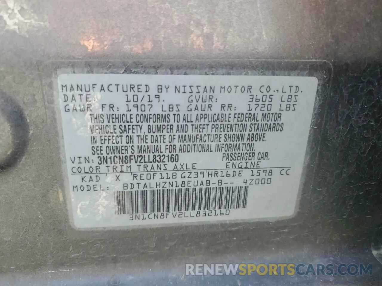 12 fotografías del automóvil dañado 3N1CN8FV2LL832160 NISSAN VERSA 2020