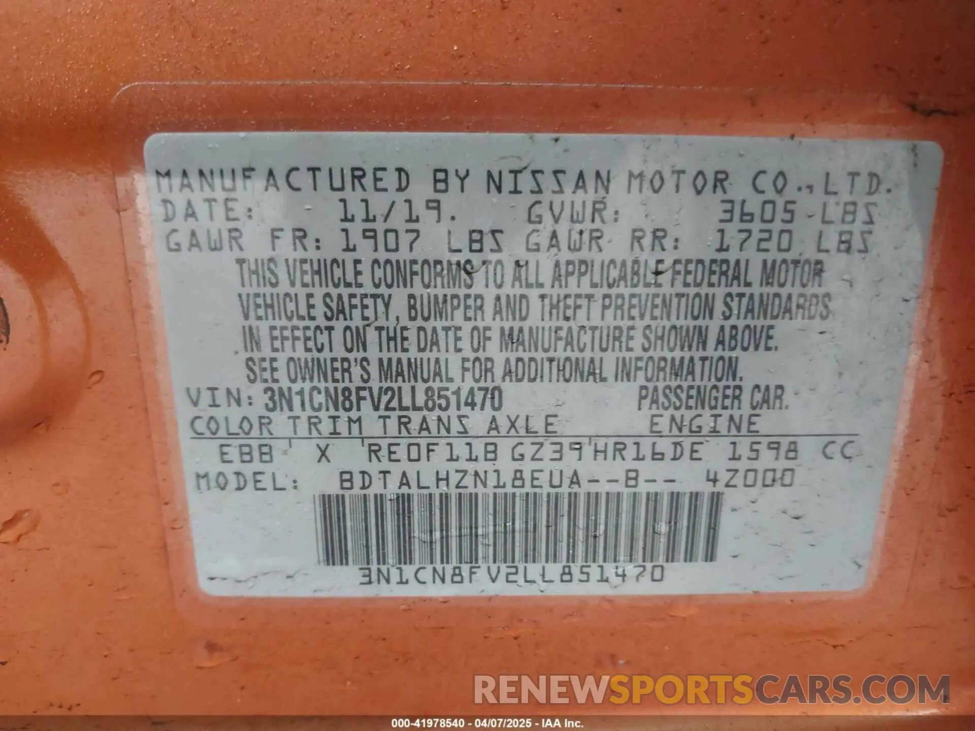 9 fotografías del automóvil dañado 3N1CN8FV2LL851470 NISSAN VERSA 2020
