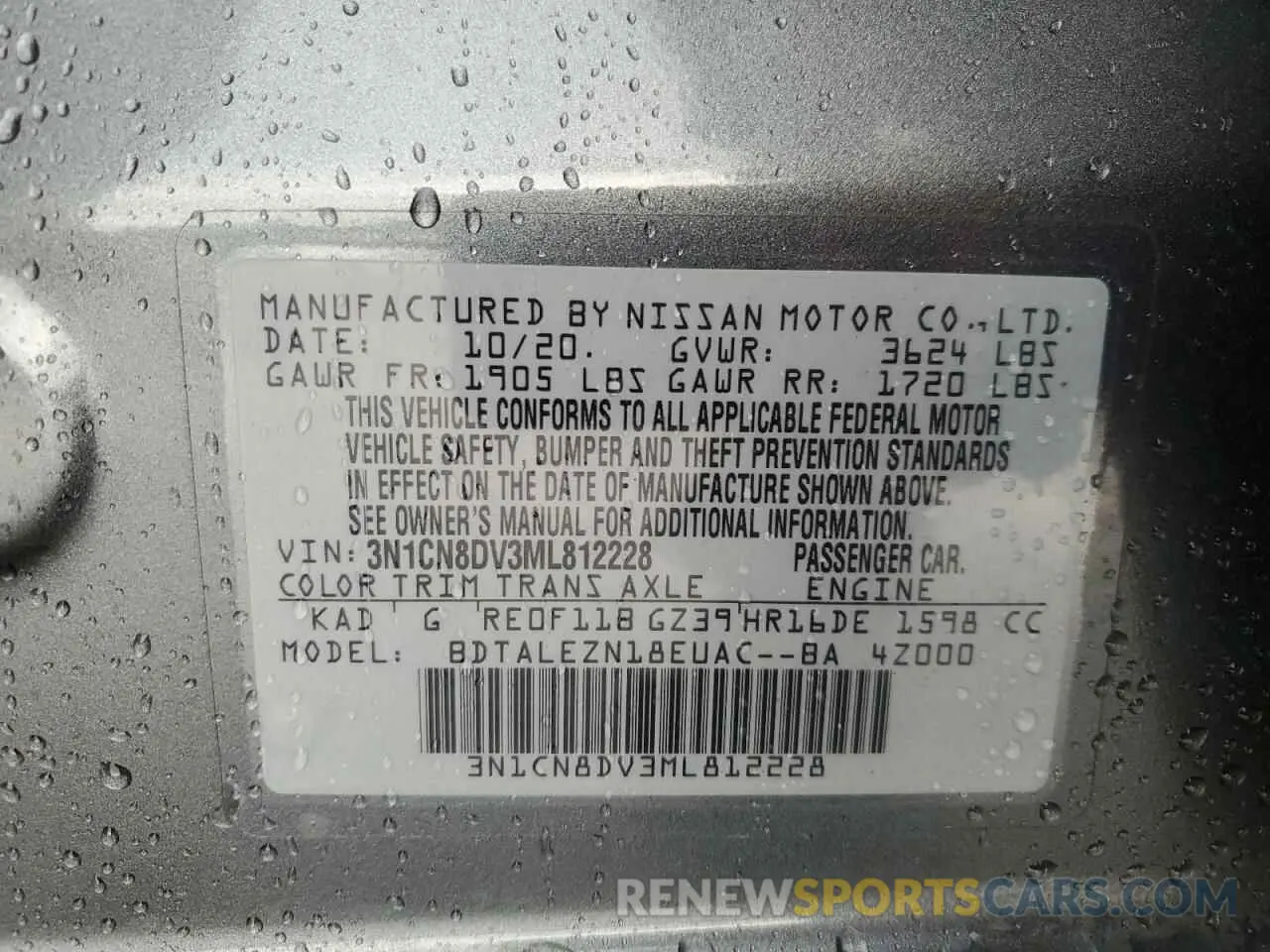 12 fotografías del automóvil dañado 3N1CN8DV3ML812228 NISSAN VERSA 2021