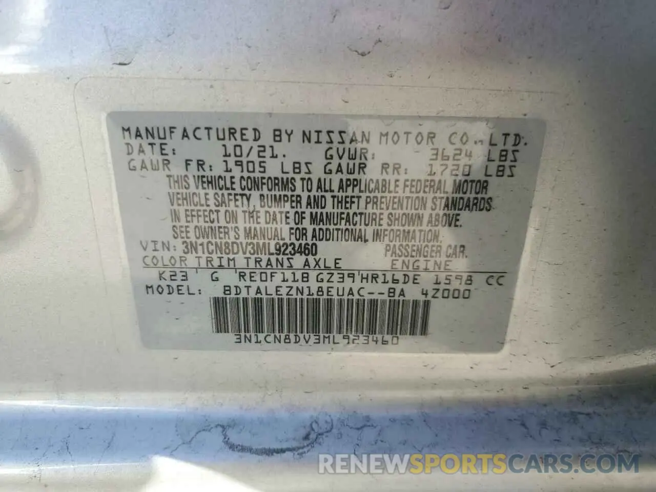 12 fotografías del automóvil dañado 3N1CN8DV3ML923460 NISSAN VERSA 2021