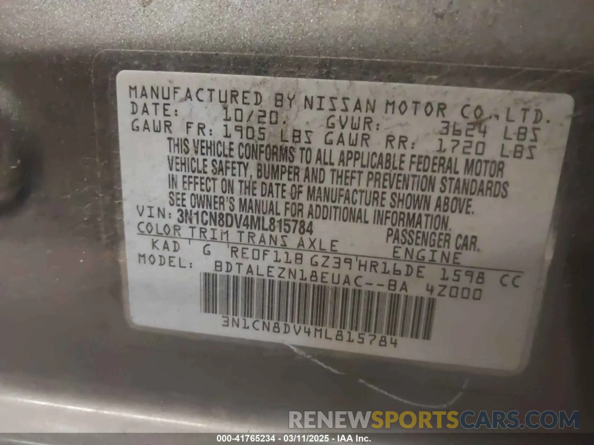 9 fotografías del automóvil dañado 3N1CN8DV4ML815784 NISSAN VERSA 2021