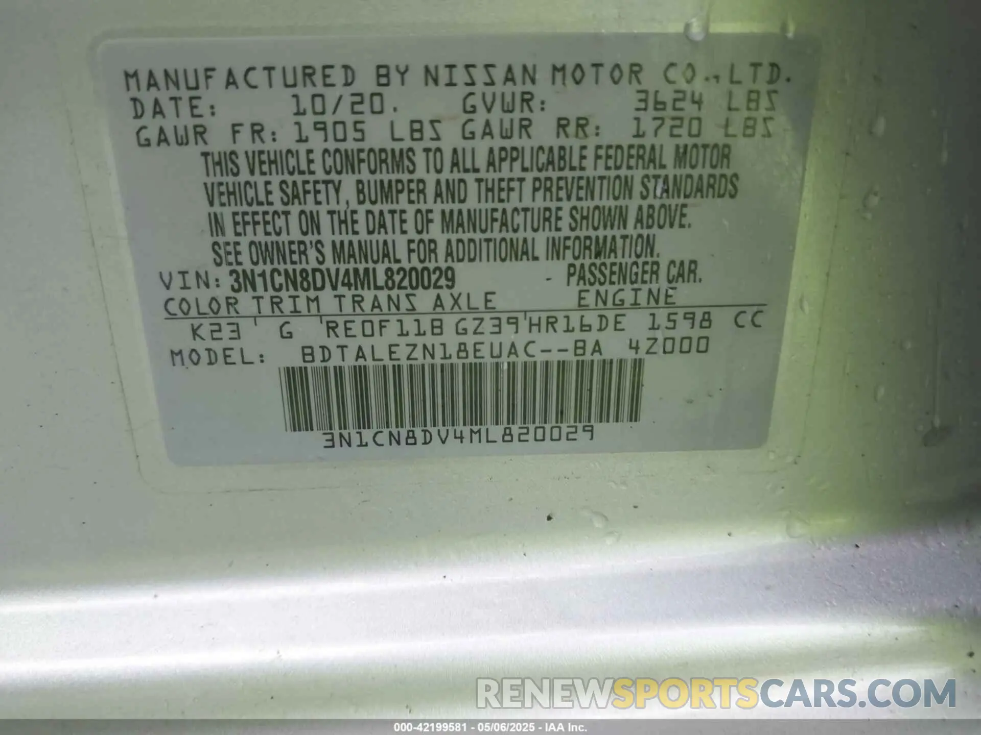 9 fotografías del automóvil dañado 3N1CN8DV4ML820029 NISSAN VERSA 2021