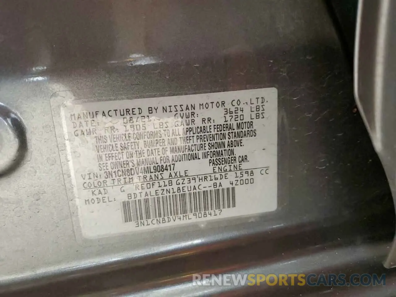 12 fotografías del automóvil dañado 3N1CN8DV4ML908417 NISSAN VERSA 2021