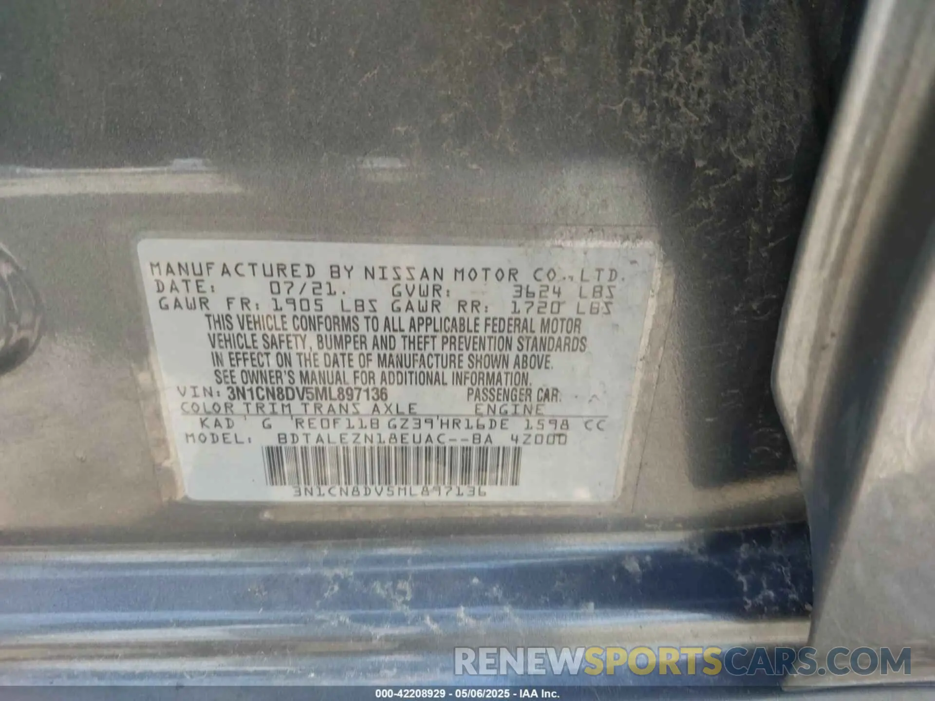 9 fotografías del automóvil dañado 3N1CN8DV5ML897136 NISSAN VERSA 2021