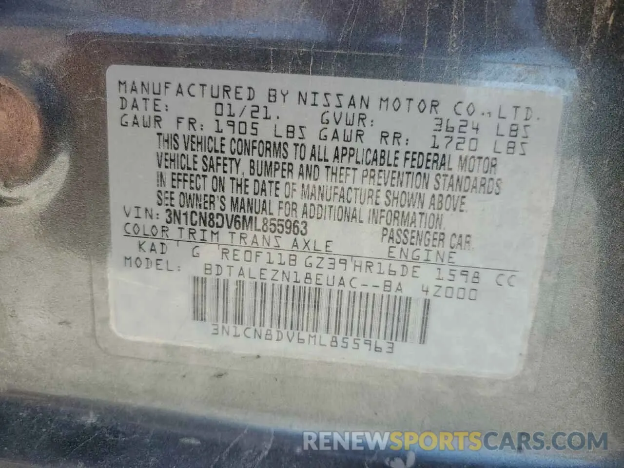 14 fotografías del automóvil dañado 3N1CN8DV6ML855963 NISSAN VERSA 2021