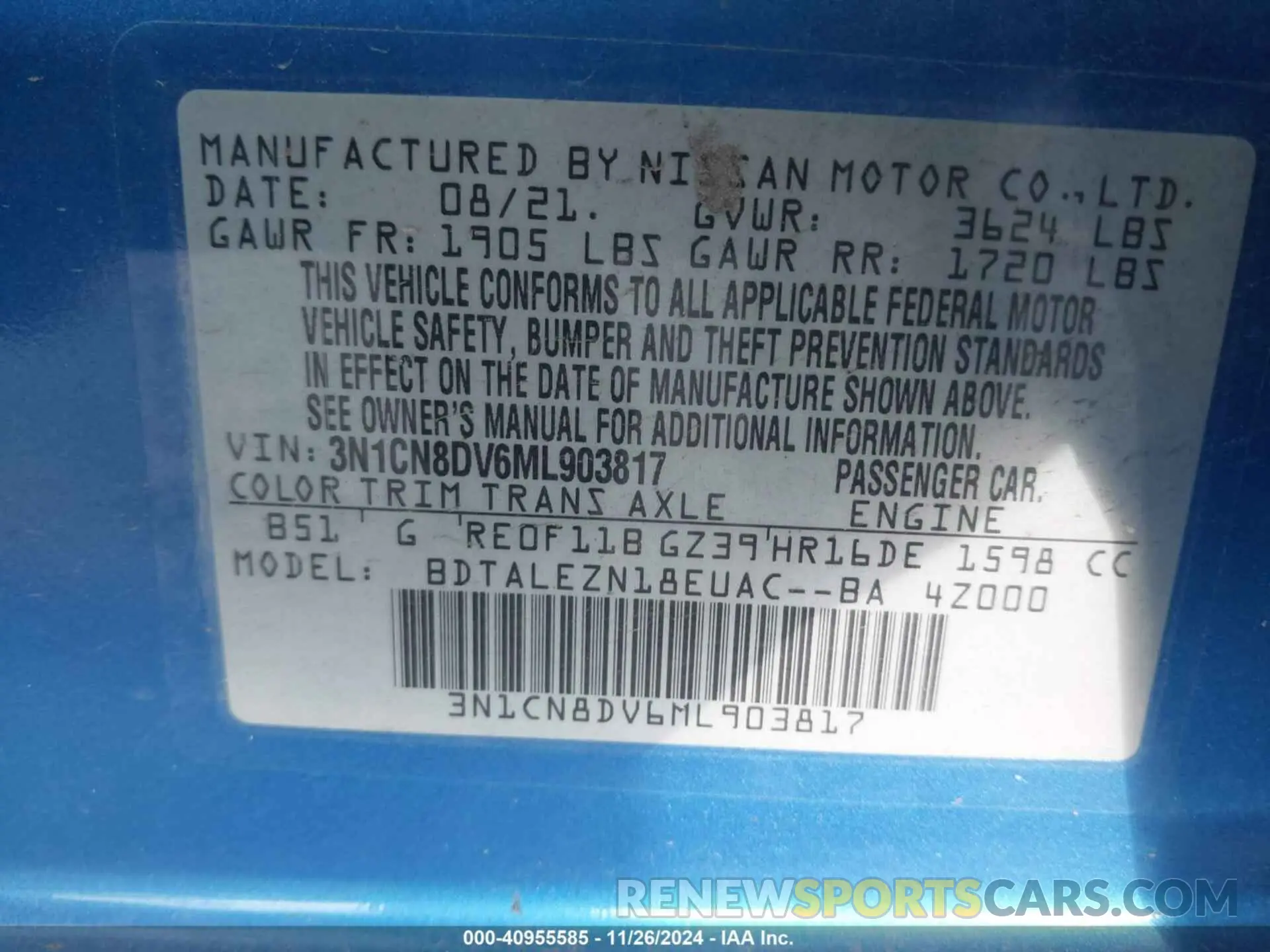 9 fotografías del automóvil dañado 3N1CN8DV6ML903817 NISSAN VERSA 2021
