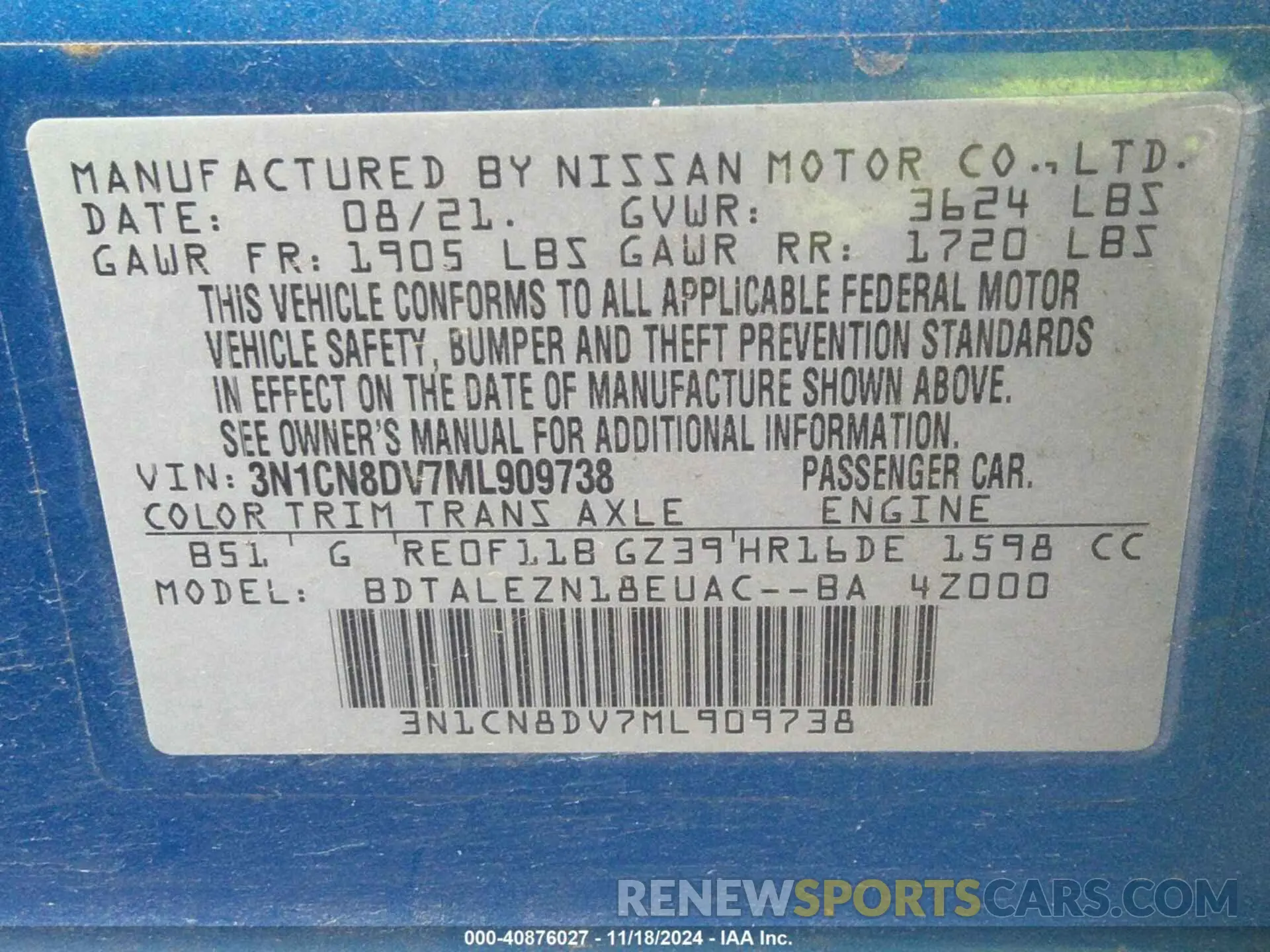9 fotografías del automóvil dañado 3N1CN8DV7ML909738 NISSAN VERSA 2021