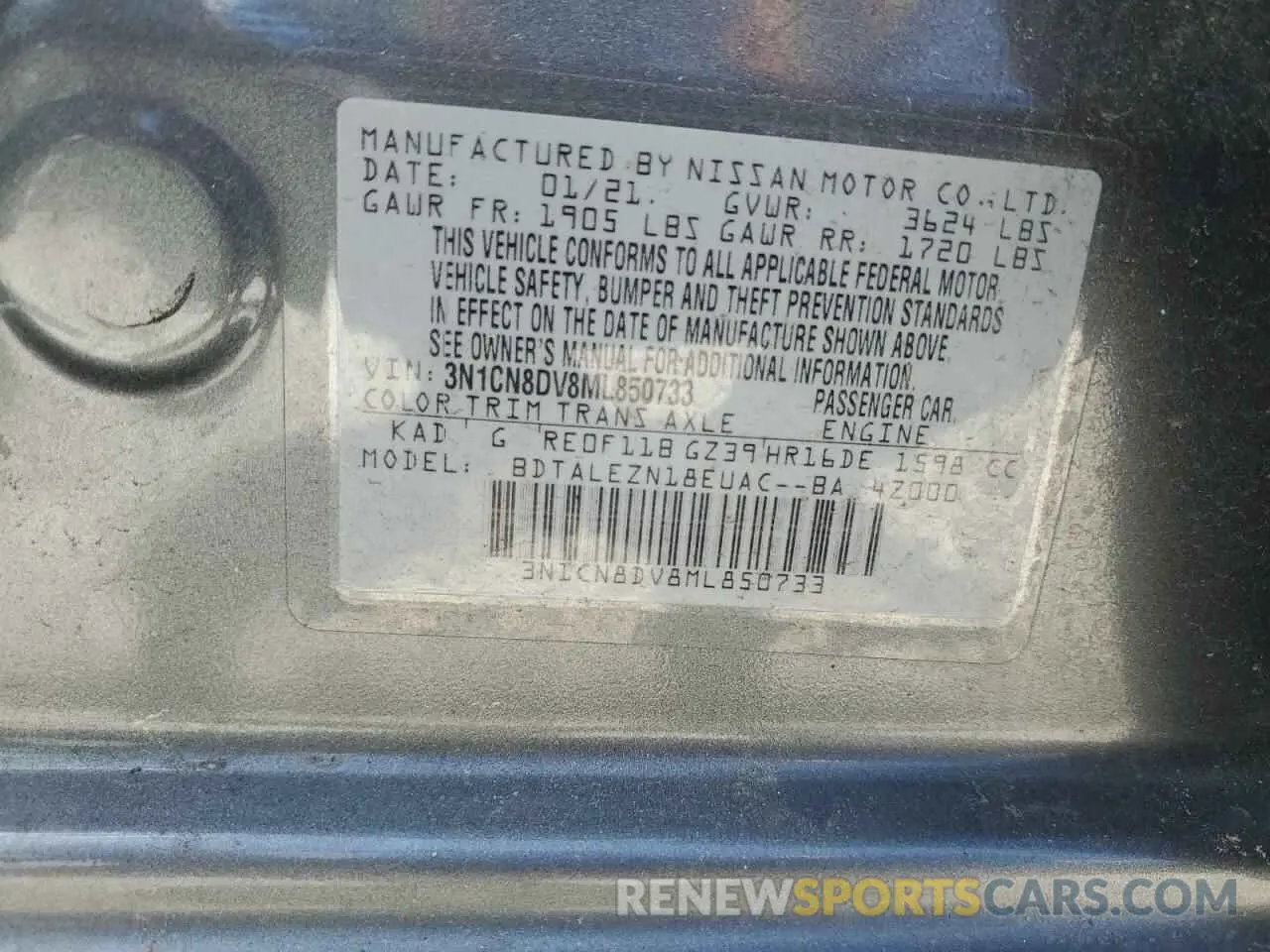 15 fotografías del automóvil dañado 3N1CN8DV8ML850733 NISSAN VERSA 2021