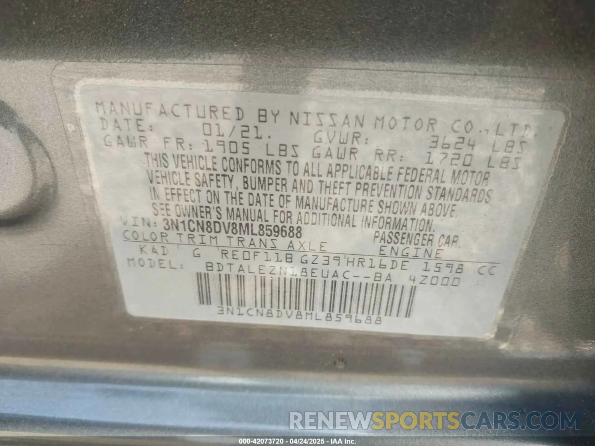 9 fotografías del automóvil dañado 3N1CN8DV8ML859688 NISSAN VERSA 2021