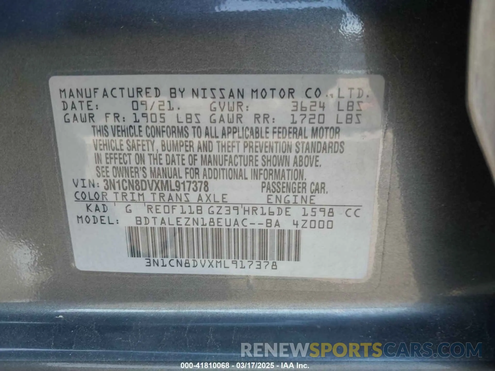 9 fotografías del automóvil dañado 3N1CN8DVXML917378 NISSAN VERSA 2021