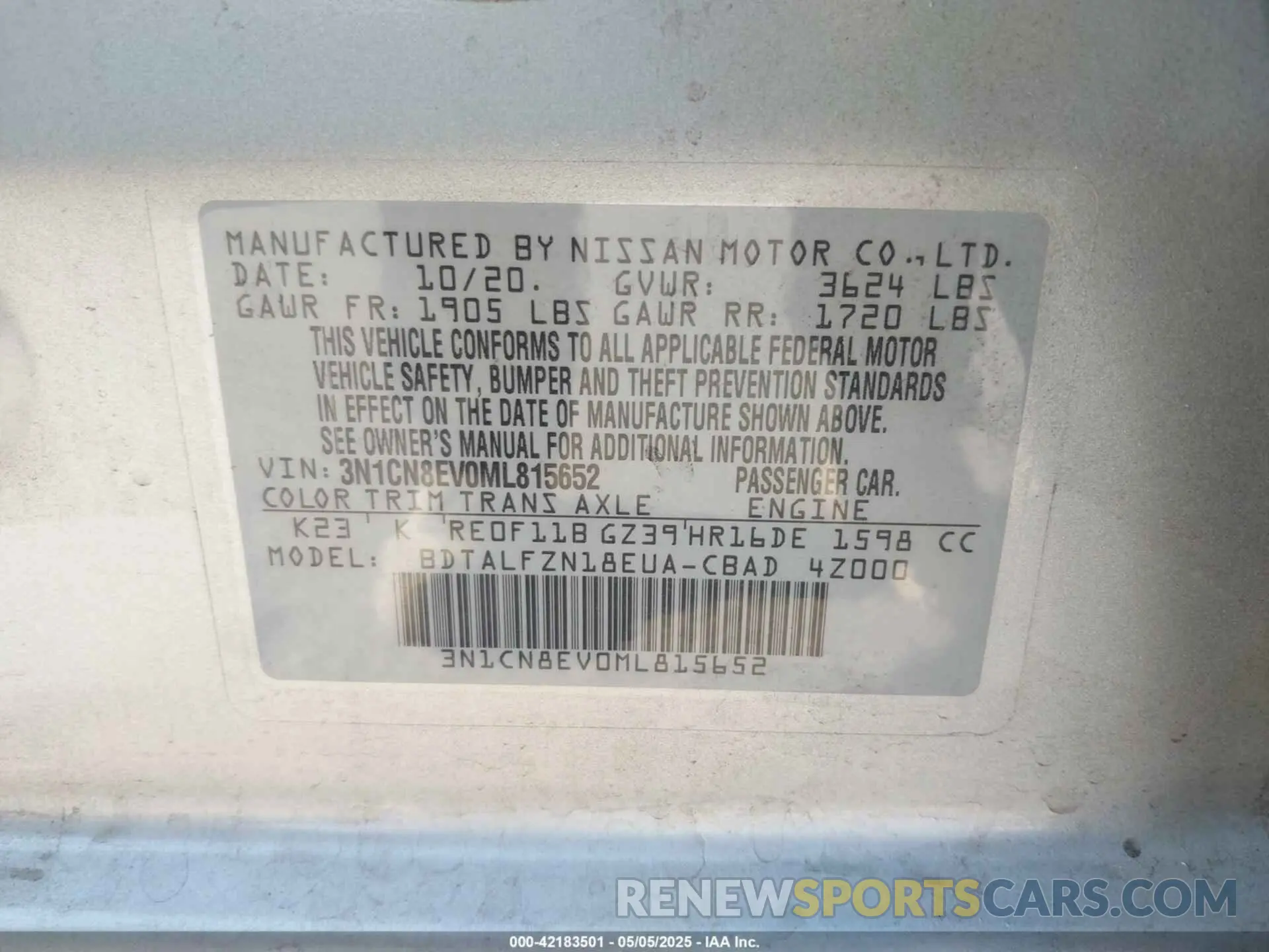 9 fotografías del automóvil dañado 3N1CN8EV0ML815652 NISSAN VERSA 2021