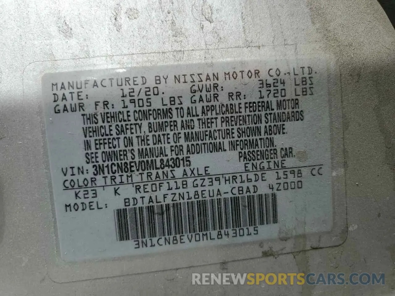 12 fotografías del automóvil dañado 3N1CN8EV0ML843015 NISSAN VERSA 2021
