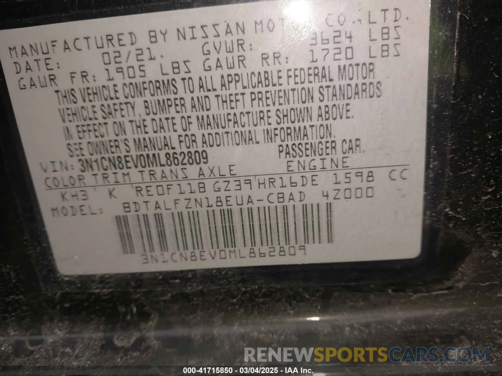 9 fotografías del automóvil dañado 3N1CN8EV0ML862809 NISSAN VERSA 2021