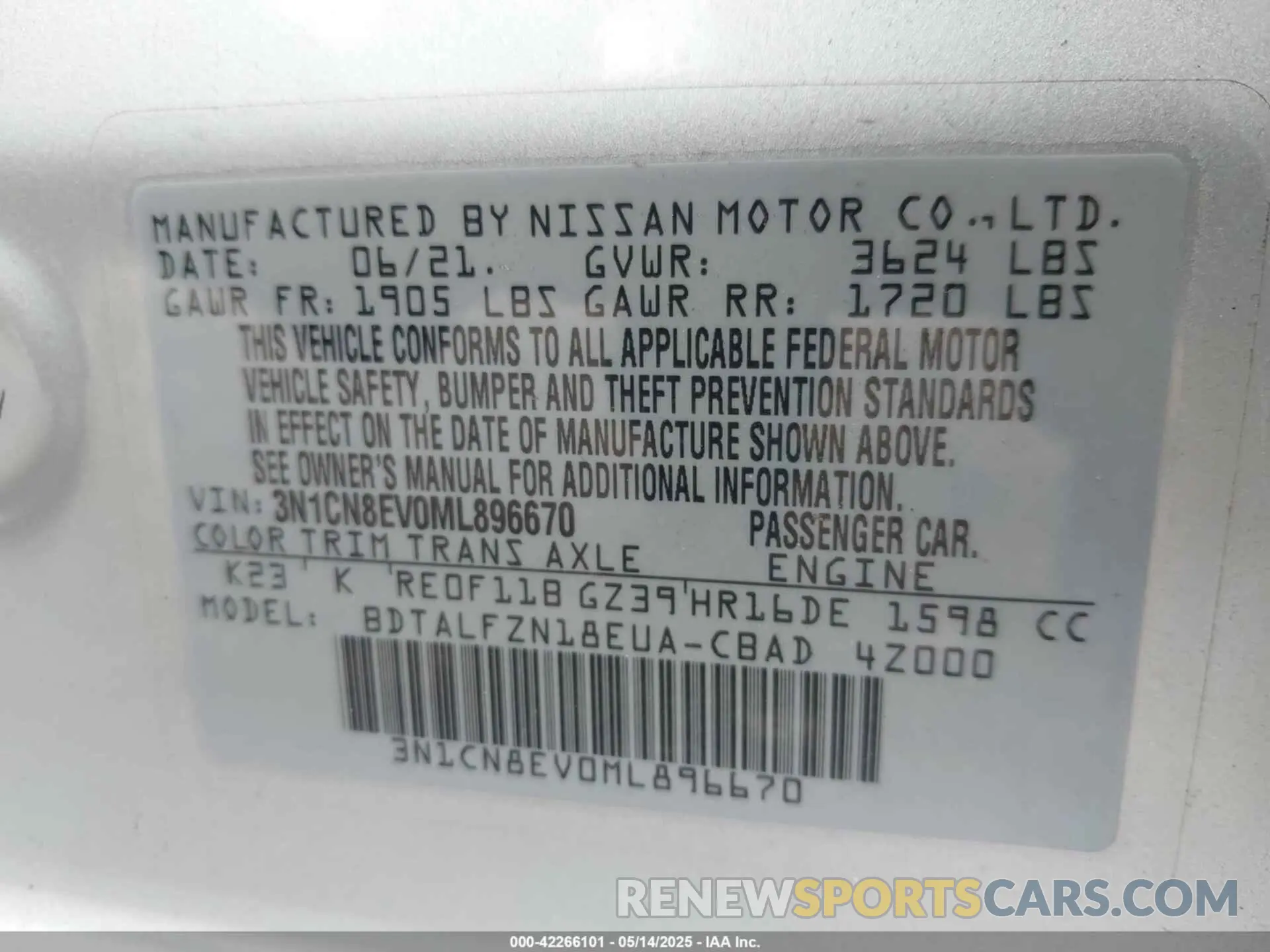 9 fotografías del automóvil dañado 3N1CN8EV0ML896670 NISSAN VERSA 2021