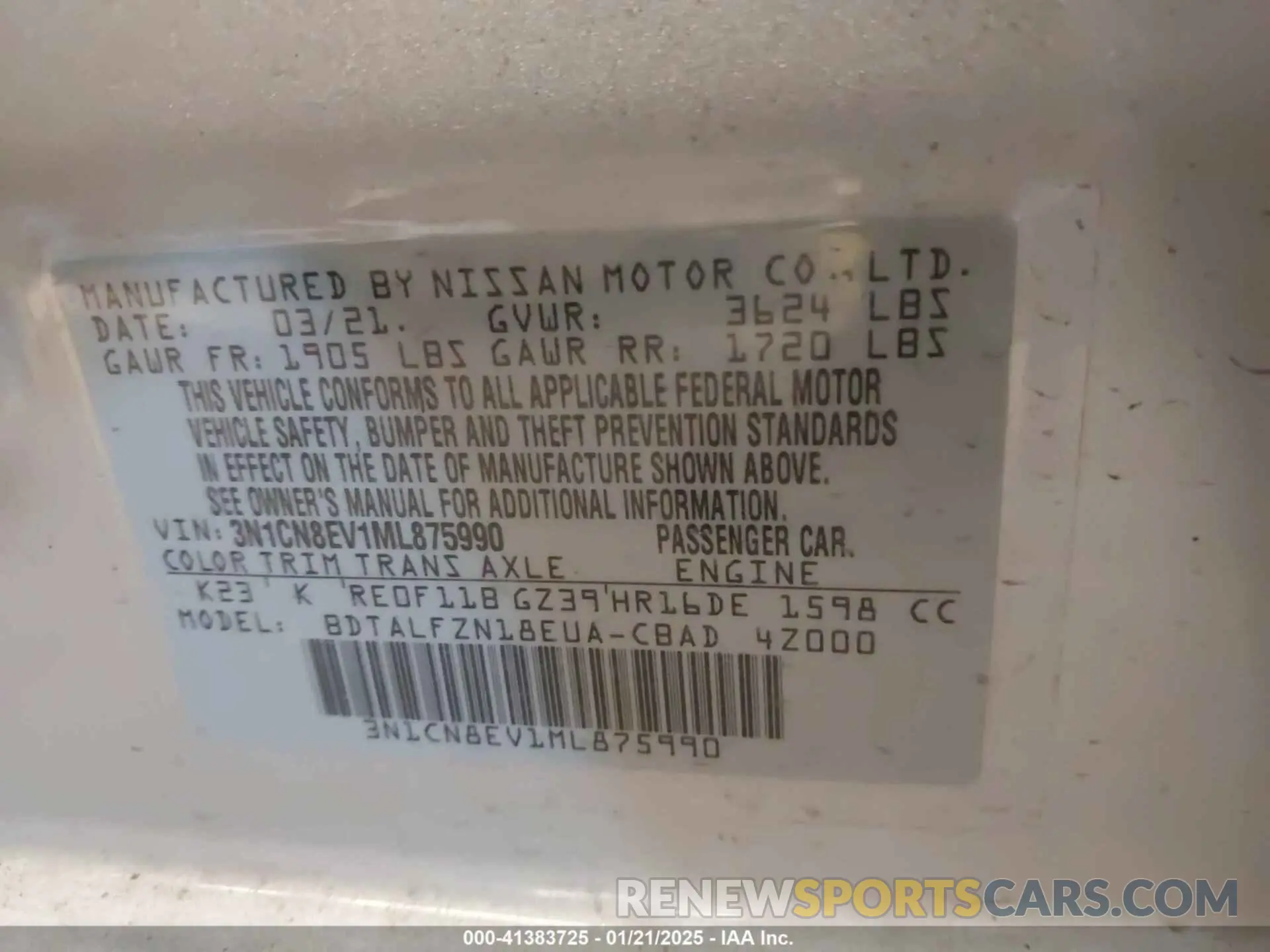 9 fotografías del automóvil dañado 3N1CN8EV1ML875990 NISSAN VERSA 2021
