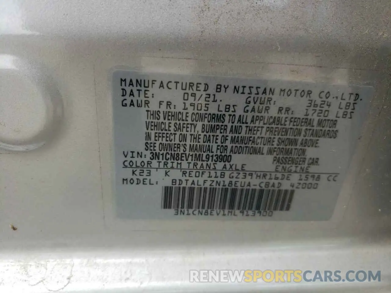 12 fotografías del automóvil dañado 3N1CN8EV1ML913900 NISSAN VERSA 2021