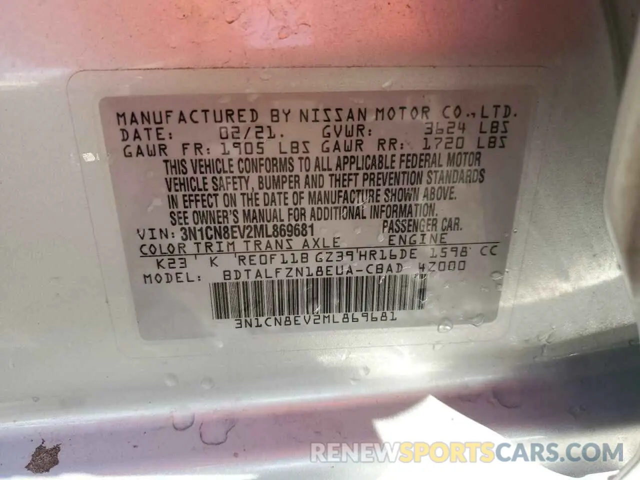 12 fotografías del automóvil dañado 3N1CN8EV2ML869681 NISSAN VERSA 2021
