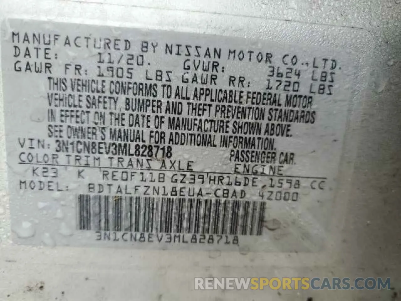 13 fotografías del automóvil dañado 3N1CN8EV3ML828718 NISSAN VERSA 2021