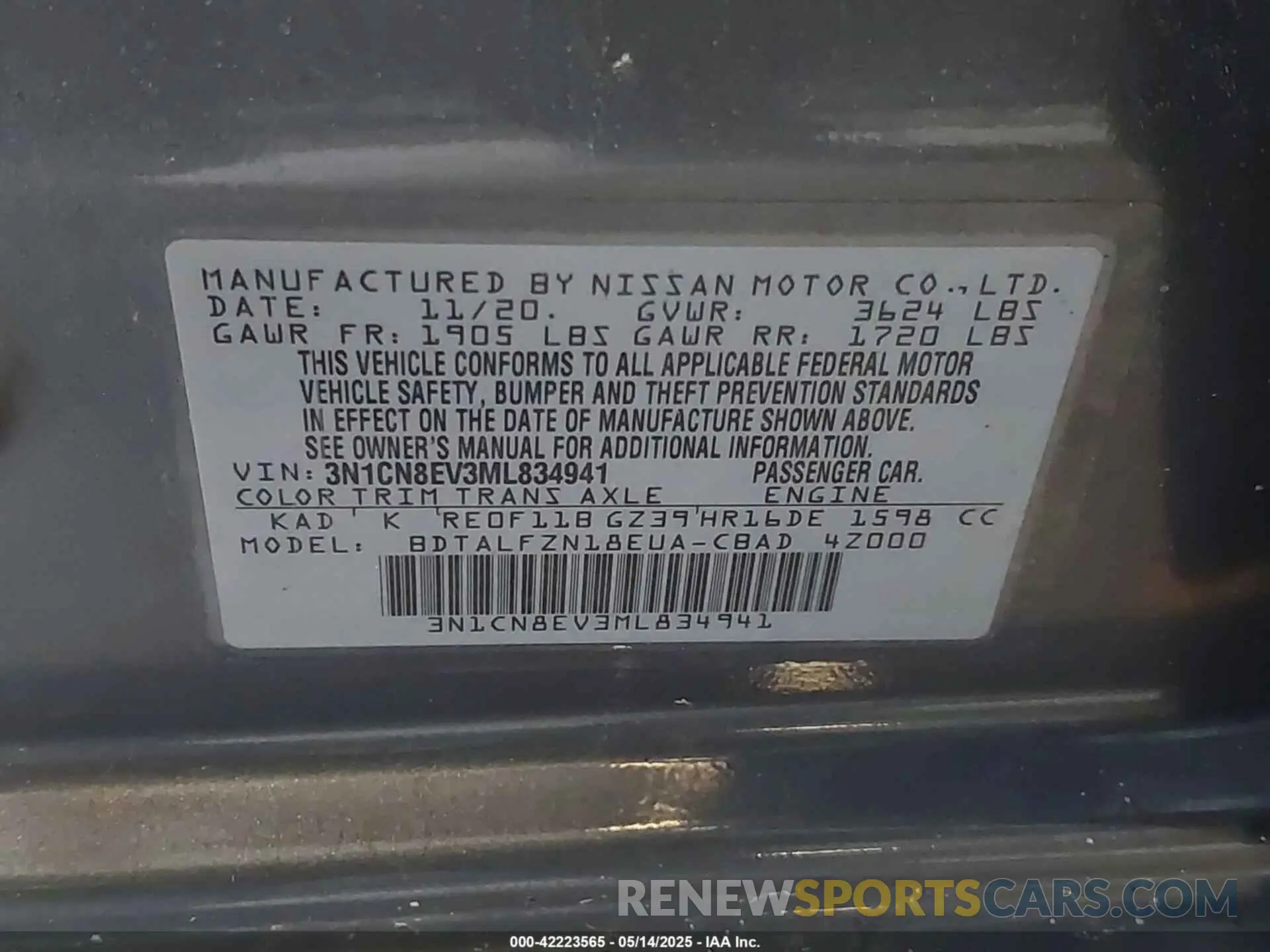 9 fotografías del automóvil dañado 3N1CN8EV3ML834941 NISSAN VERSA 2021