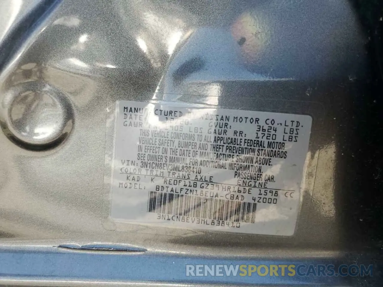 12 fotografías del automóvil dañado 3N1CN8EV3ML838410 NISSAN VERSA 2021