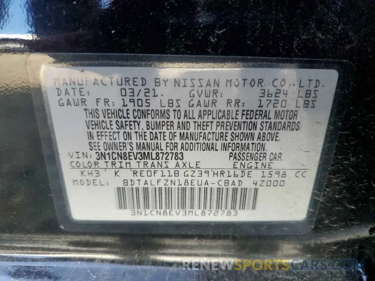 12 fotografías del automóvil dañado 3N1CN8EV3ML872783 NISSAN VERSA 2021